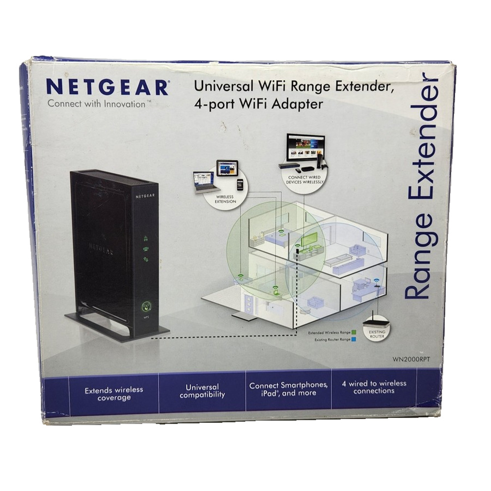 NETGEAR WN2000RPT Universal WiFi Range Extender 4-Port Adapter 2.4GHz Black